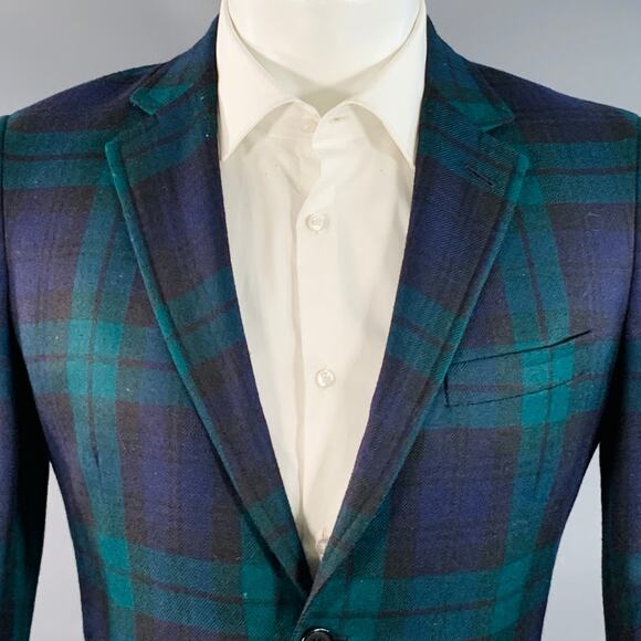 BAND OF OUTSIDERS 40 Regular Green Blue Plaid Wool Twill Notch Lapel Sport Coat - Picture 2 of 9